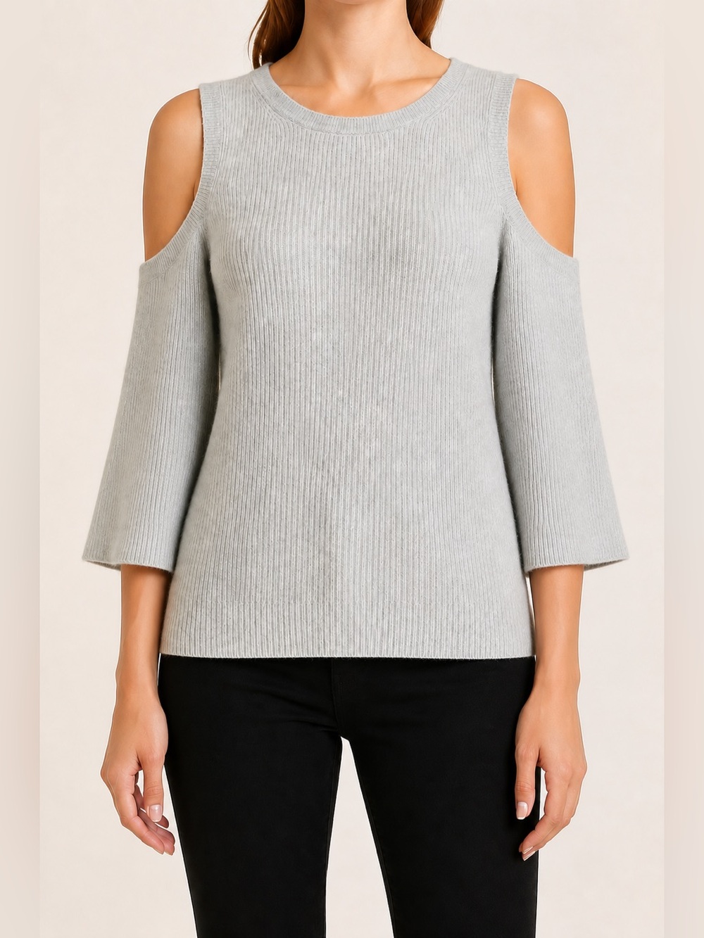 Ann Taylor 100% Cashmere Cold Shoulder Sweater Gray Small $198